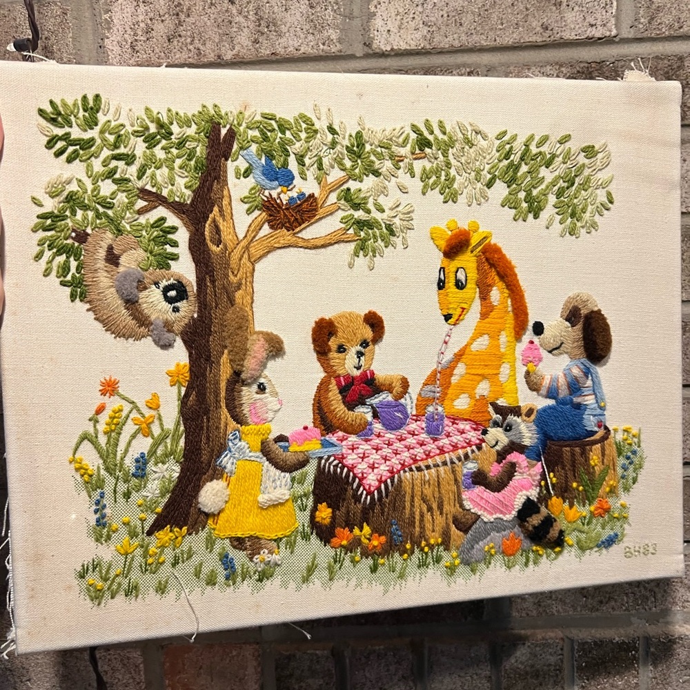 Vintage 1980s Party Time For Toys Animal Picnic Crewel Embroidery Art